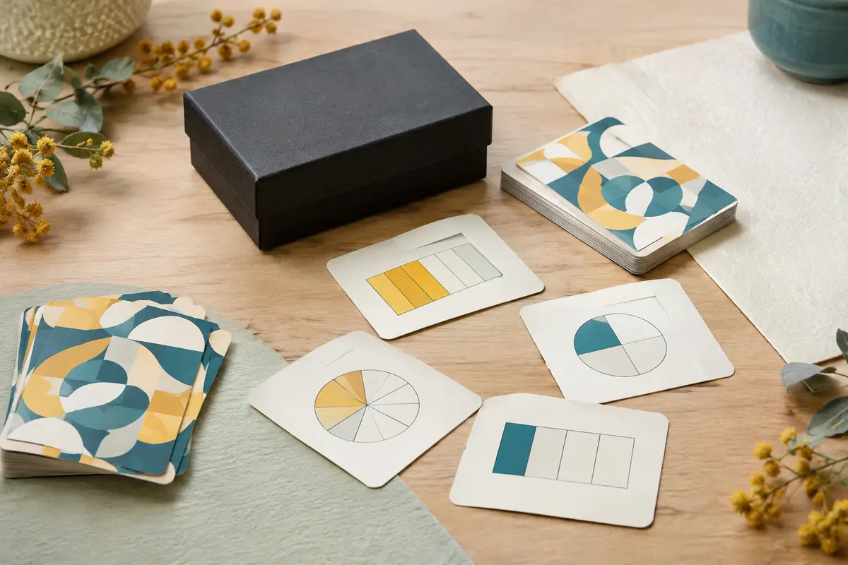 Jeu de cartes Fractodingo avec sa boîte noire et plusieurs cartes de fractions sur une table en bois clair.