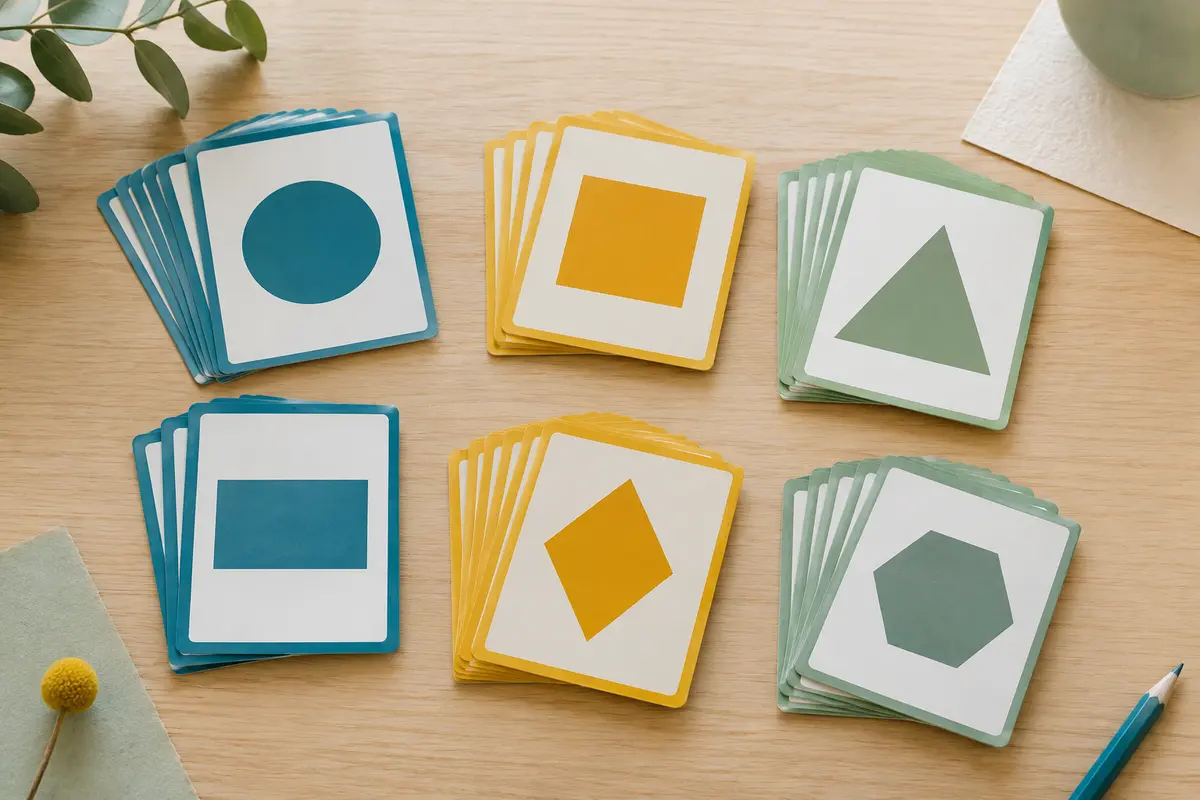 Cartes multicolores de géométrie disposées sur du bois clair, avec des formes illustrées et du papier texturé.