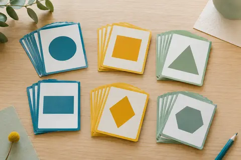 Cartes multicolores de géométrie disposées sur du bois clair, avec des formes illustrées et du papier texturé.
