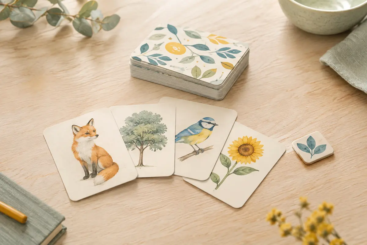 Cartes et tuile du jeu de devinettes disposées sur du bois clair dans un décor crème et vert sauge.