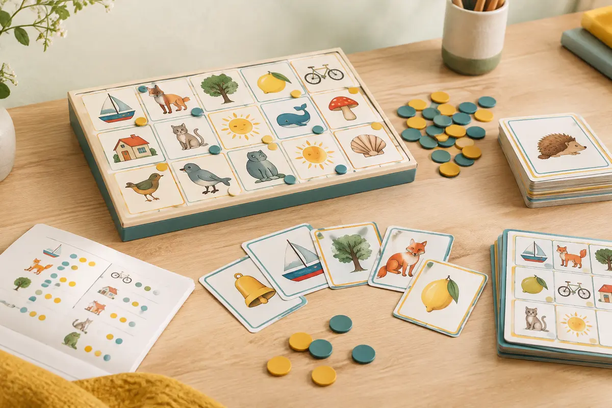 Cartes de loto et jetons phonèmes en carton du jeu éducatif LiroDingo, disposés sur une table claire