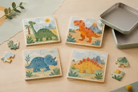 Quatre puzzles en bois illustrés de dinosaures près de leur boîte métallique sur un fond clair