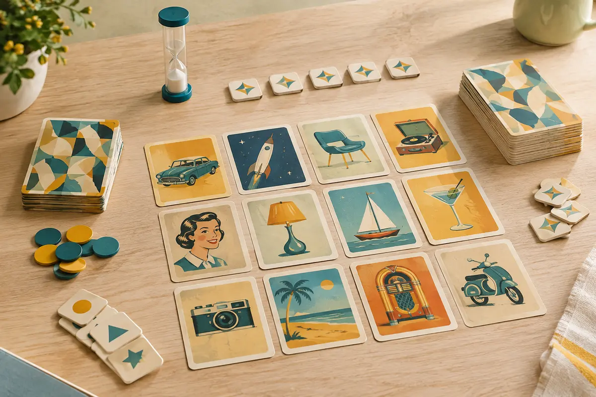 Cartes, tuiles de position et sablier du jeu Mot Malin disposés en grille sur une table en bois clair