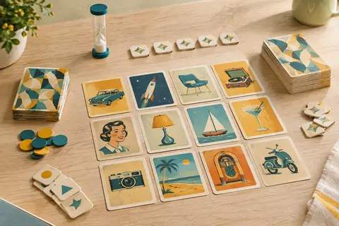 Cartes, tuiles de position et sablier du jeu Mot Malin disposés en grille sur une table en bois clair
