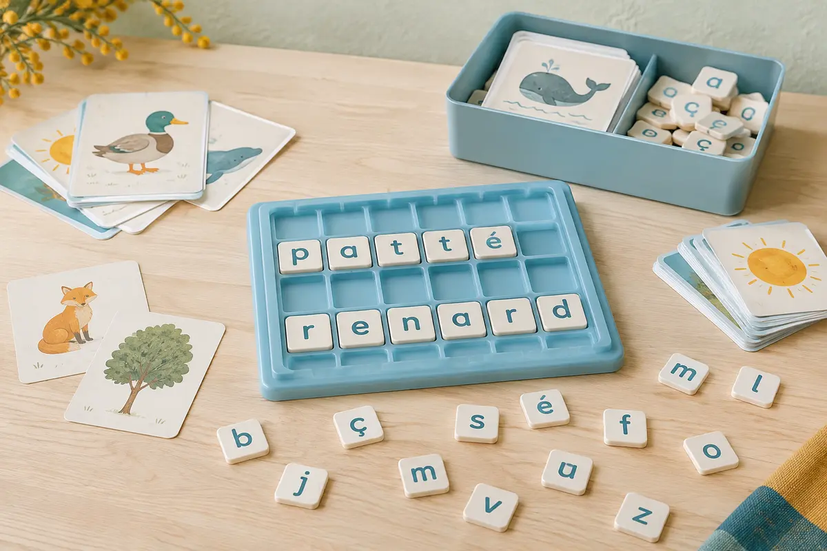 Plateau bleu ciel, cartes illustrées recto verso et petites tuiles de lettres disposés sur un bois clair.