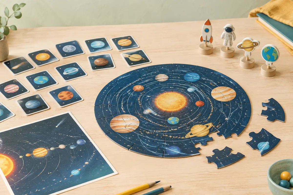 Puzzle rond du système solaire assemblé, avec cartes, figurines et pièces sur une table claire