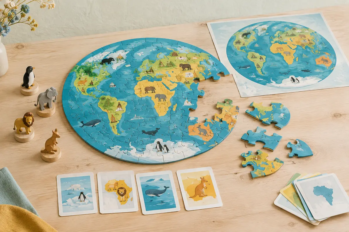 Puzzle rond de carte du monde avec pièces, cartes éducatives, poster modèle et figurines sur bois clair