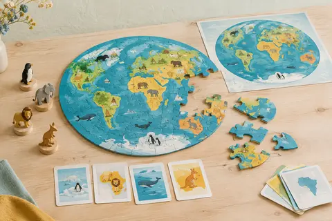 Puzzle rond de carte du monde avec pièces, cartes éducatives, poster modèle et figurines sur bois clair