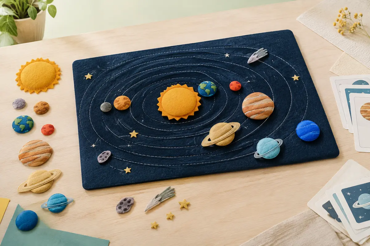 Tableau en feutre du système solaire avec ses planètes et éléments spatiaux à repositionner