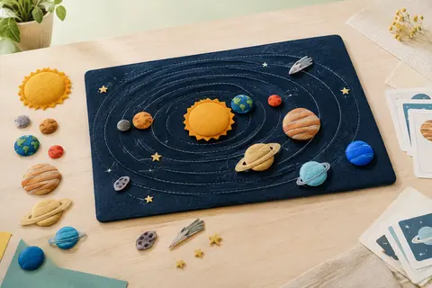 Tableau en feutre du système solaire avec ses planètes et éléments spatiaux à repositionner