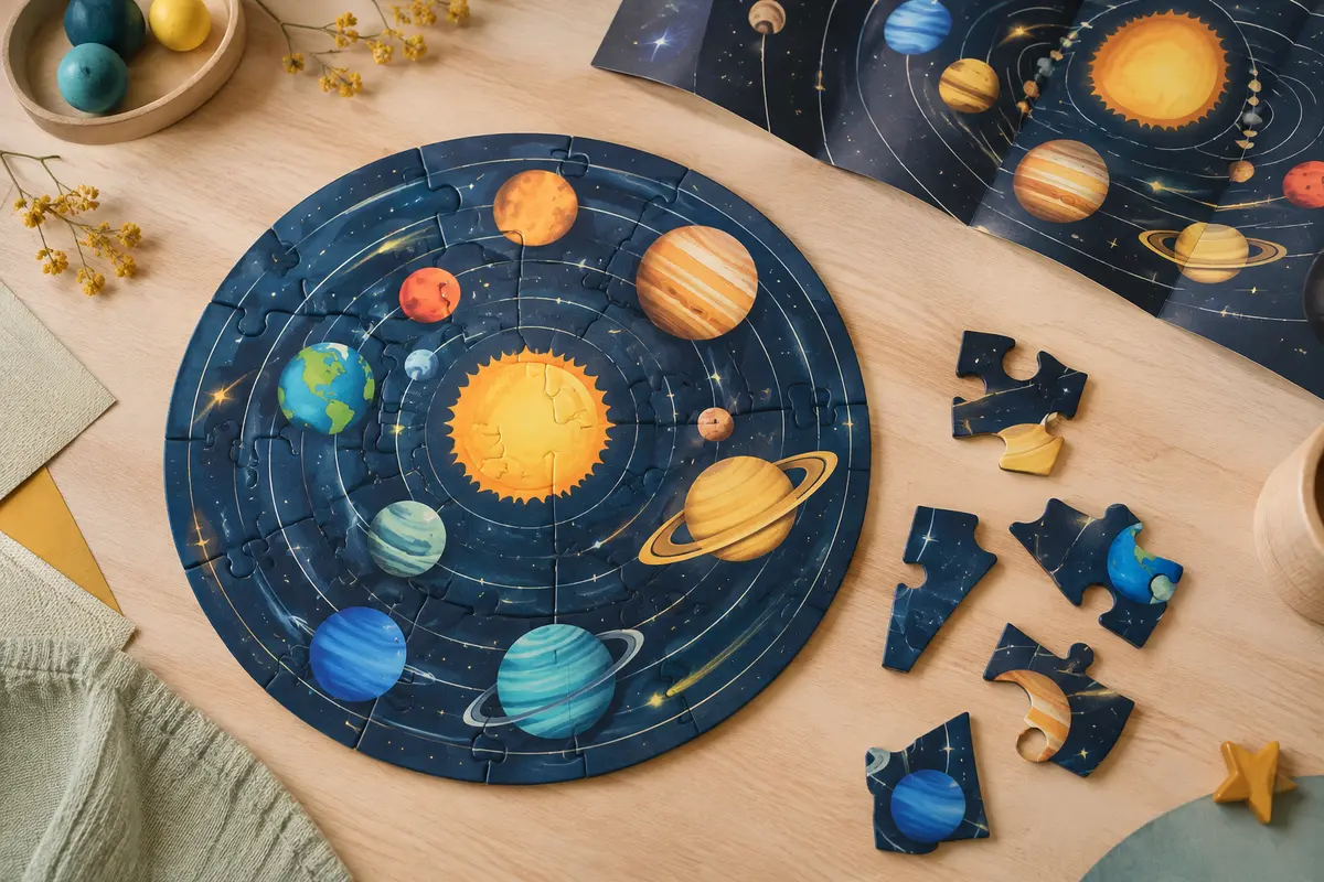 Puzzle rond assemblé sur le thème du système solaire, avec quelques pièces et un poster dépliant.