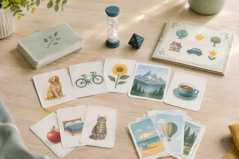 Cartes illustrées, sablier et dé du jeu de mémoire BrainBox pour apprendre l’anglais