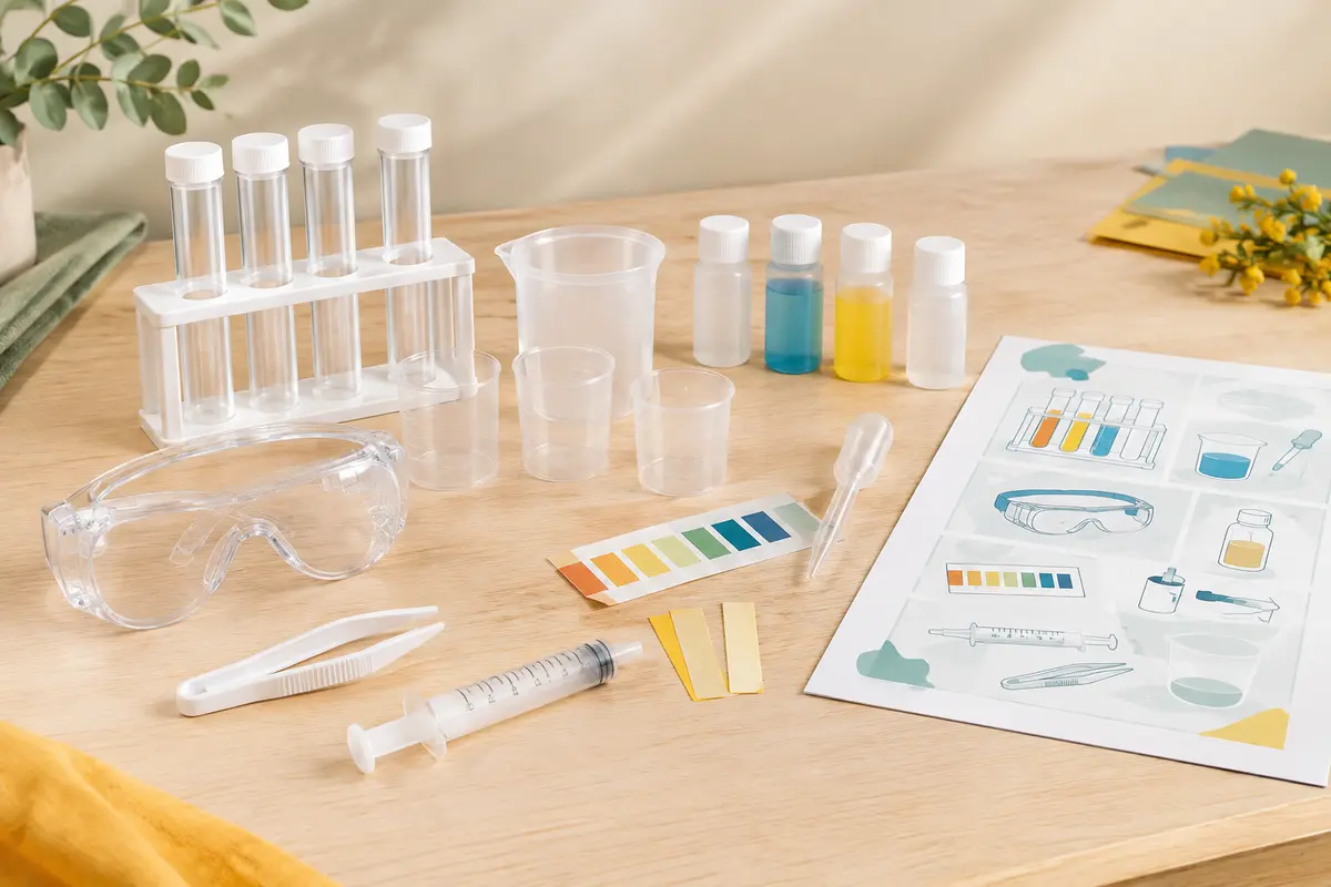 Coffret de chimie blanc avec tubes à essai, lunettes, seringue et accessoires disposés sur un fond crème.
