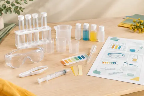 Coffret de chimie blanc avec tubes à essai, lunettes, seringue et accessoires disposés sur un fond crème.