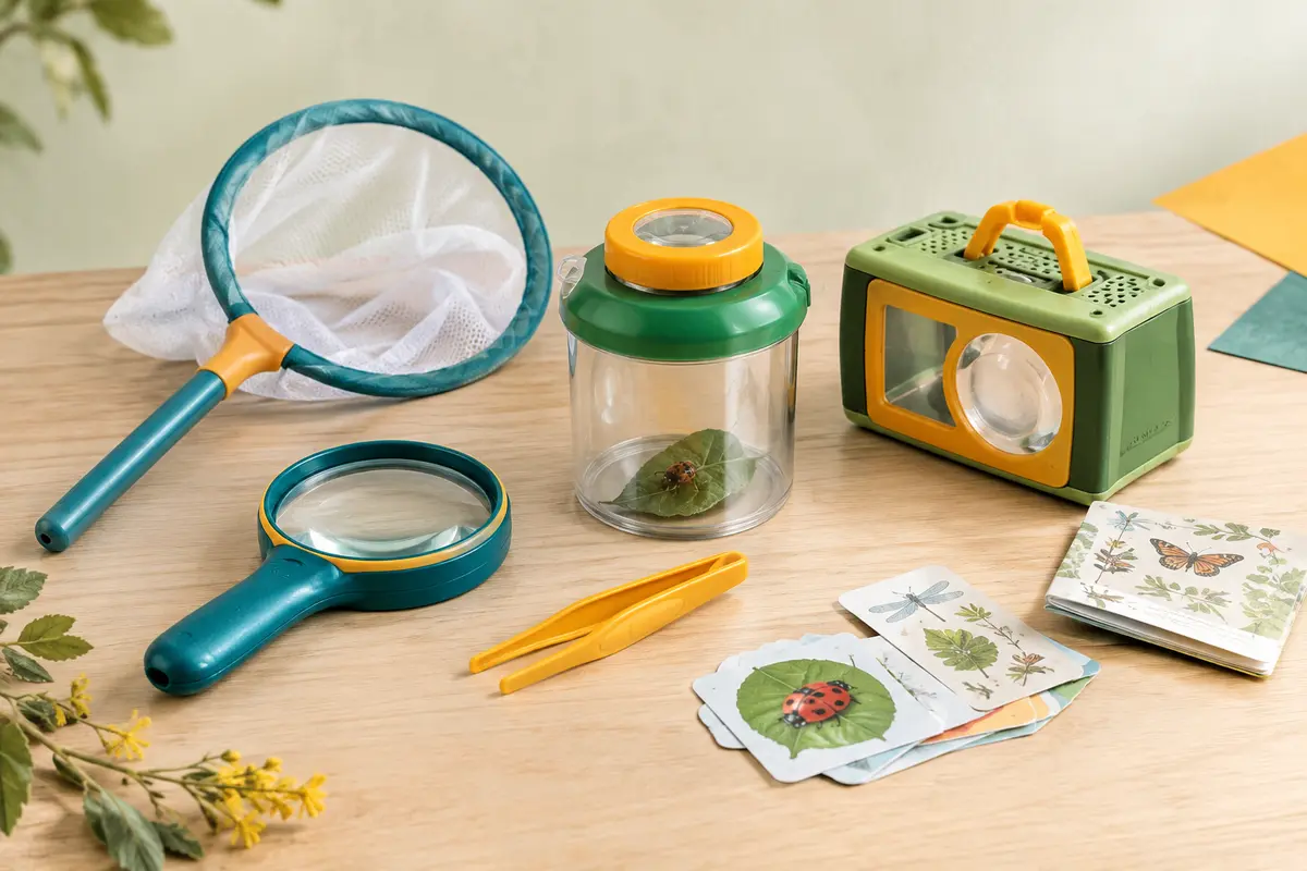Kit d’exploration des insectes avec loupe, filet, pot, pince et observatoire sur une table en bois clair