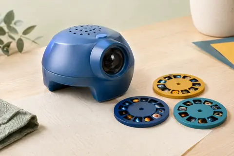 Planétarium bleu en plastique accompagné de ses trois disques astronomiques sur un fond clair