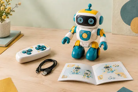 Robot éducatif multicolore en plastique avec télécommande infrarouge et câble USB sur une surface en bois clair