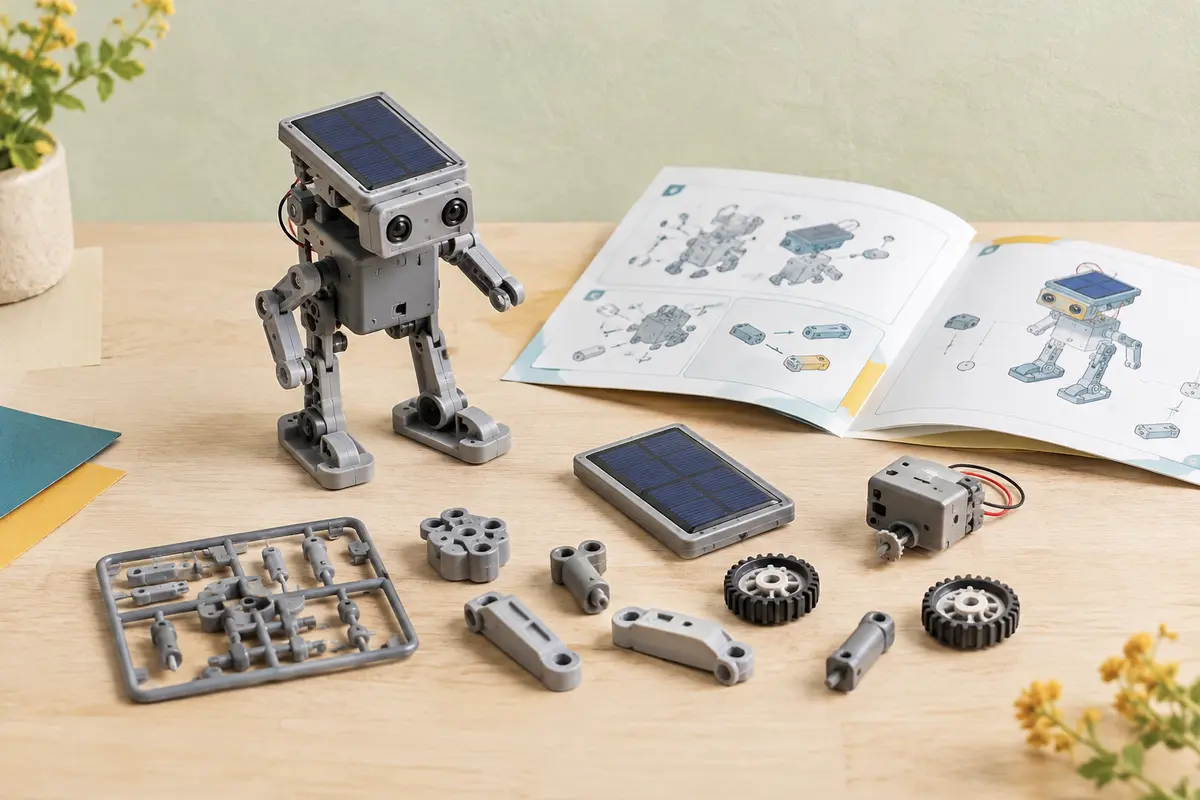 Robot solaire en plastique gris avec panneau visible, pièces de construction et notice illustrée sur une table en bois clair.