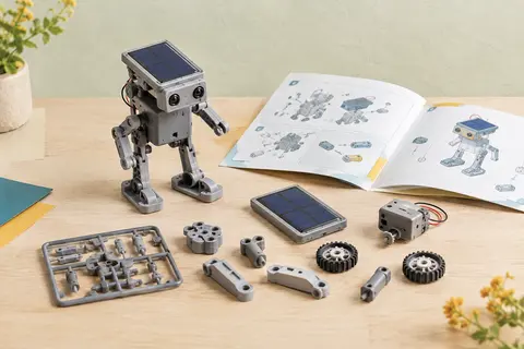 Robot solaire en plastique gris avec panneau visible, pièces de construction et notice illustrée sur une table en bois clair.