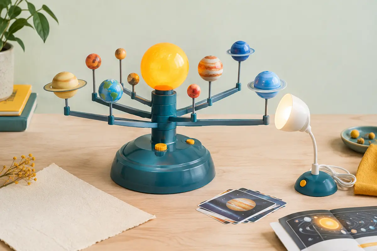 Maquette multicolore du système solaire motorisé, avec ses planètes et son Soleil lumineux sur une table claire.