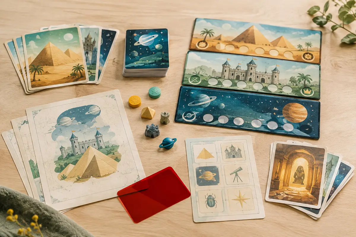 Cartes illustrées, fiches, filtre rouge et objets du jeu d’évasion disposés sur une table en bois clair