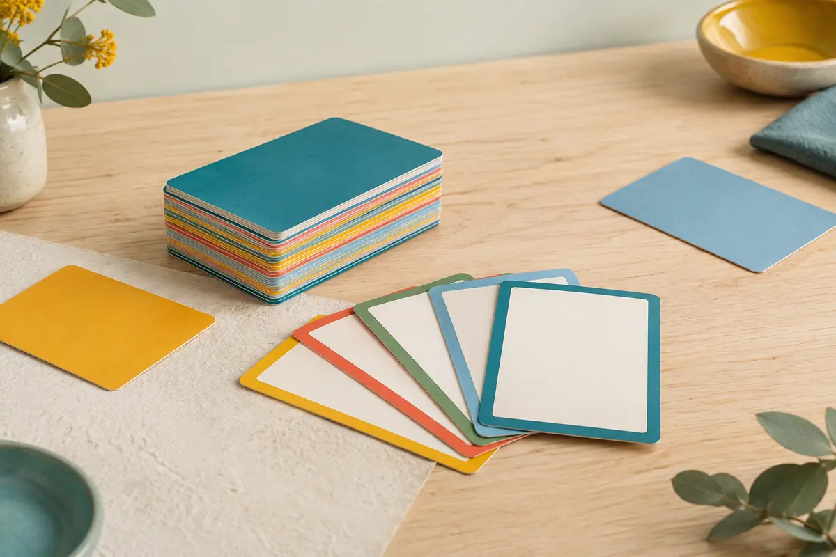 Jeu de cartes éducatif Petit Bac en carton, posé en paquet et partiellement déployé sur du bois clair