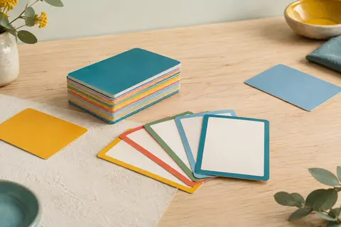 Jeu de cartes éducatif Petit Bac en carton, posé en paquet et partiellement déployé sur du bois clair