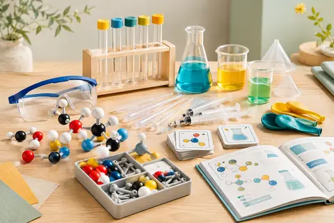 Accessoires de laboratoire et manuel illustré du coffret d’expériences de chimie pour enfant