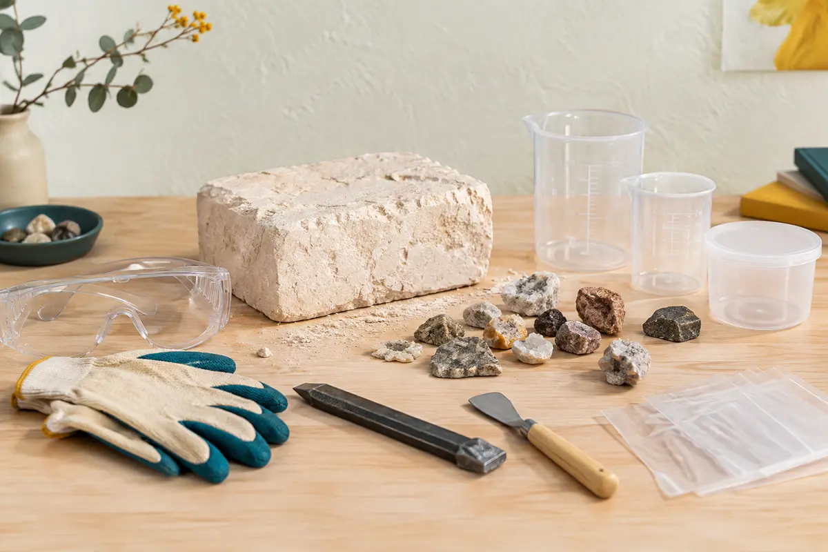 Coffret de géologie avec bloc à creuser, pierres, béchers et accessoires pour réaliser des expériences.
