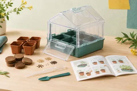 Mini serre botanique en plastique avec pots, graines, tourbe, pipette et spatule sur un bois clair