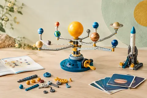 Maquette de système solaire en pièces de construction avec huit planètes, manivelle et éclairage intégré