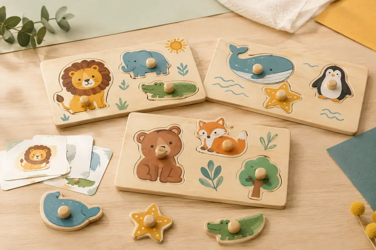 Puzzles en bois illustrés d’animaux avec des pièces à chiffres posés sur une table claire.