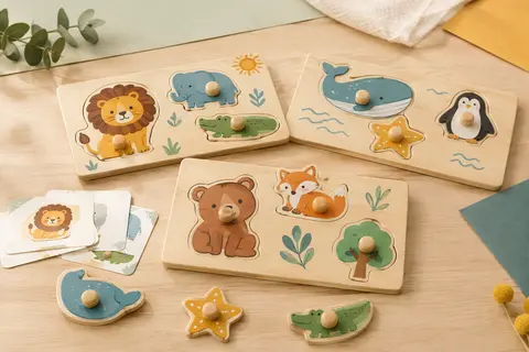 Puzzles en bois illustrés d’animaux avec des pièces à chiffres posés sur une table claire.
