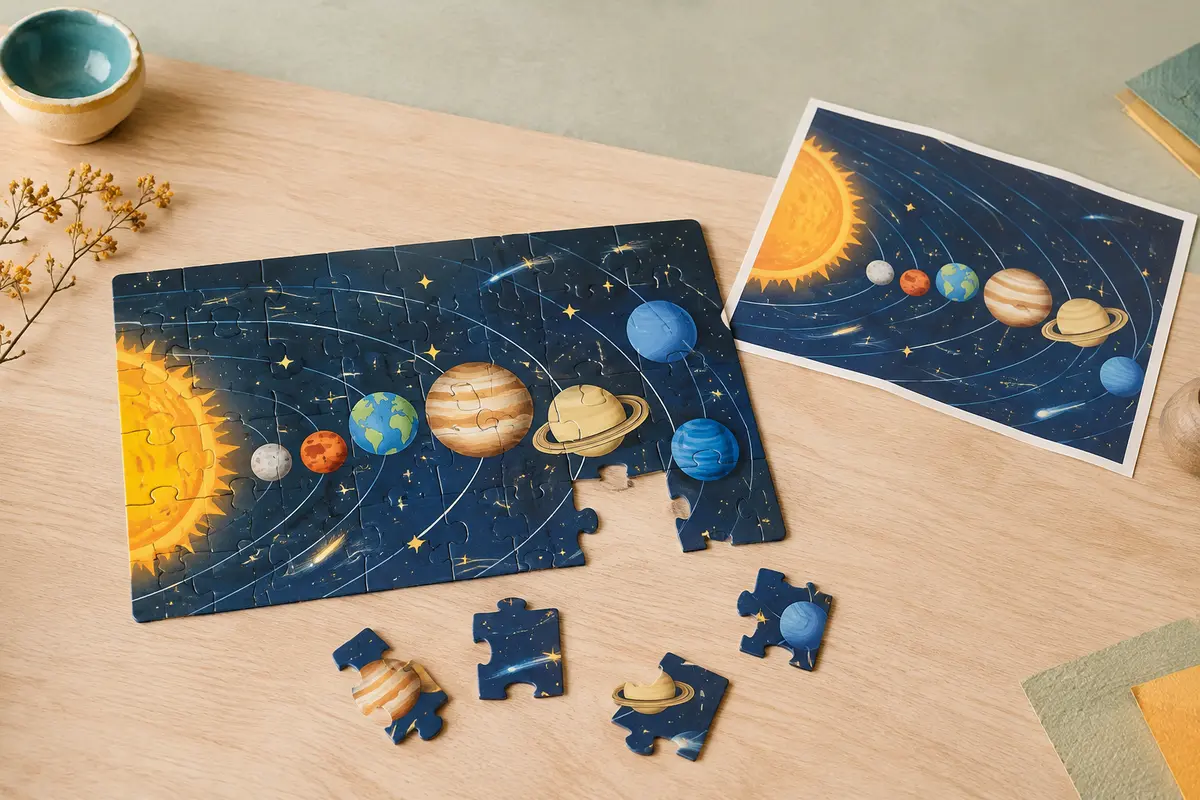 Puzzle éducatif du système solaire en carton avec pièces illustrées et poster modèle, posé sur un fond clair