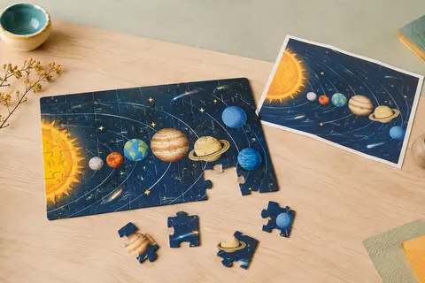 Puzzle éducatif du système solaire en carton avec pièces illustrées et poster modèle, posé sur un fond clair