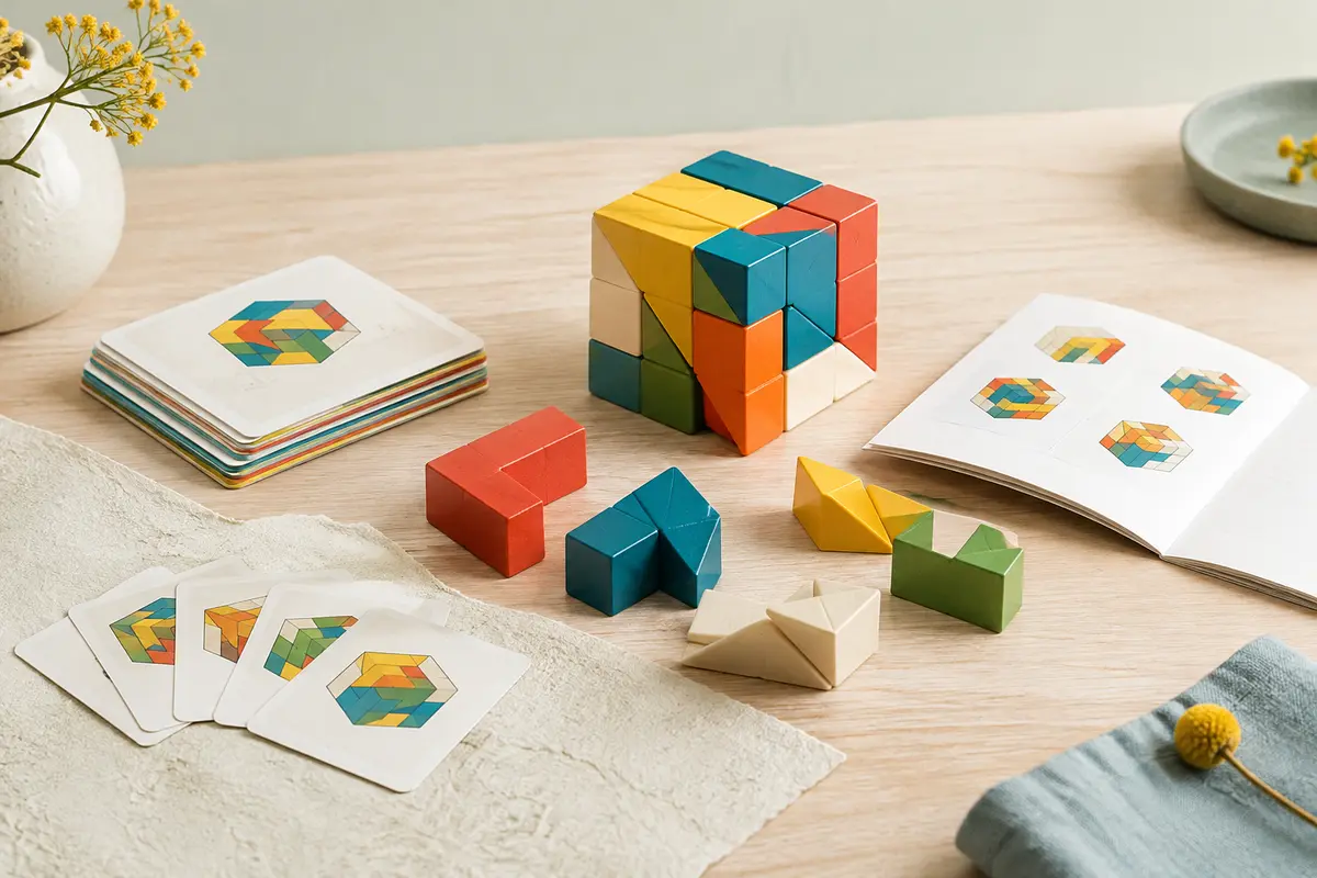 Casse-tête Cubissimo avec pièces multicolores et cartes défi disposées sur une surface claire