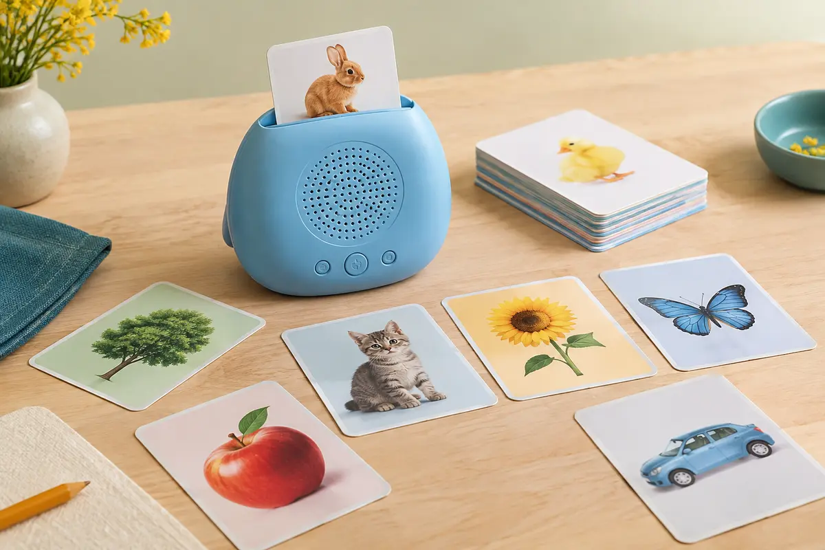 Lecteur de cartes parlantes bleu accompagné de cartes illustrées sur une table en bois clair.