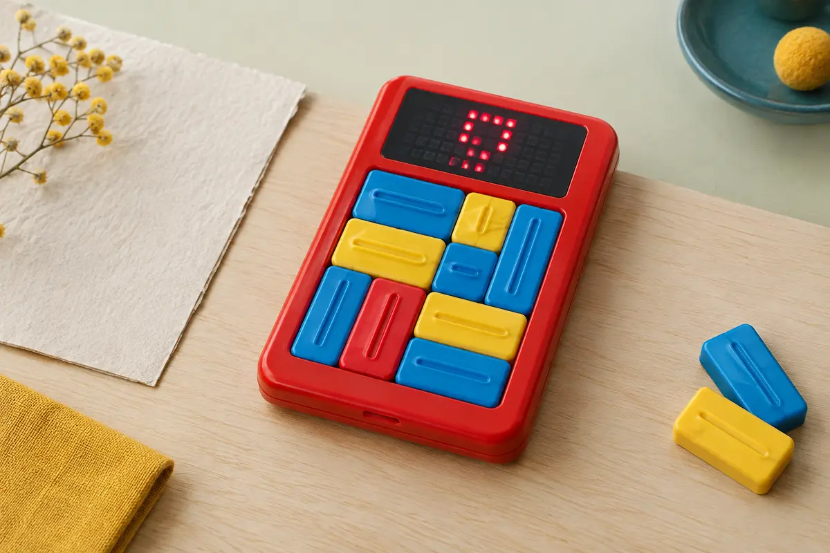 Puzzle coulissant électronique rouge avec écran LED et glissières rouges, bleues et jaunes sur un fond clair.
