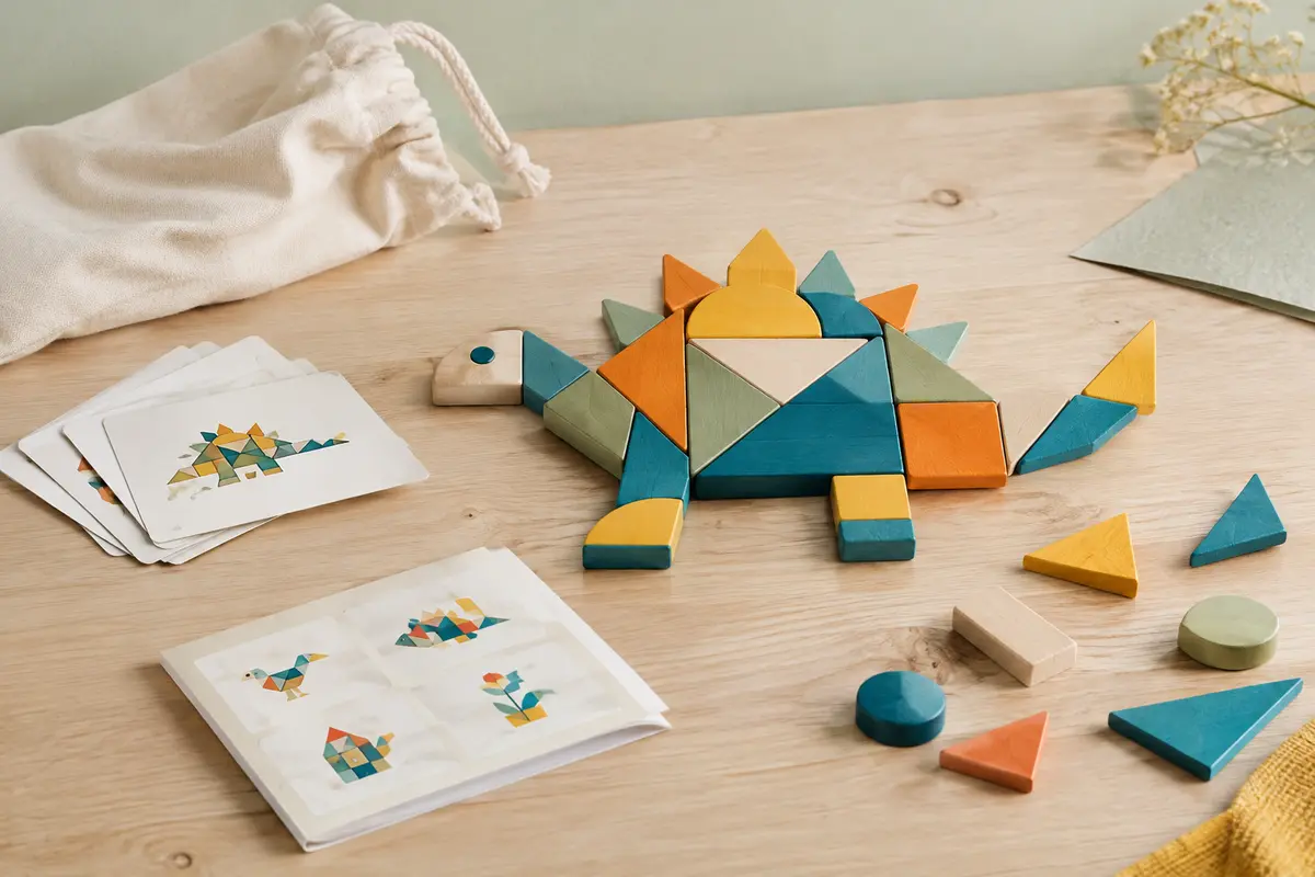 Puzzle géométrique en bois multicolore avec pièces assemblées, cartes défis et sac de rangement sur une table claire
