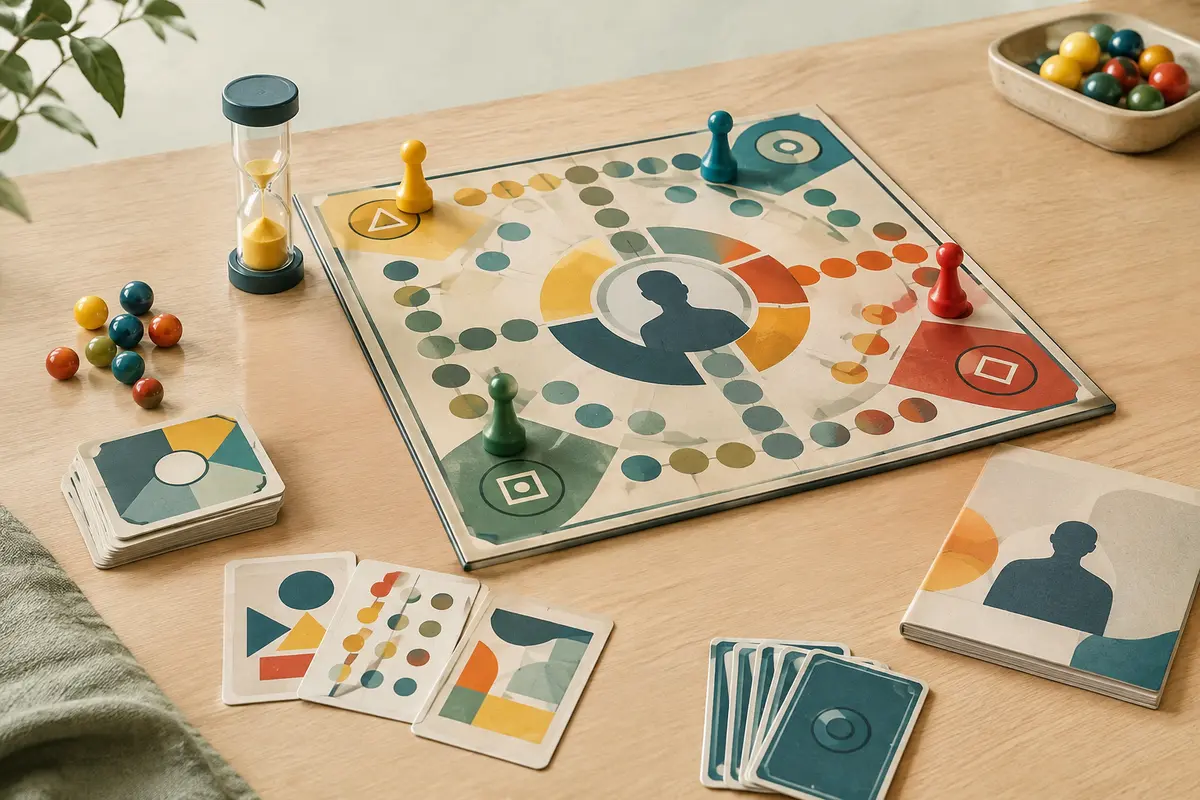 Plateau de jeu de logique avec cartes, sablier, pions et billes sur un fond clair