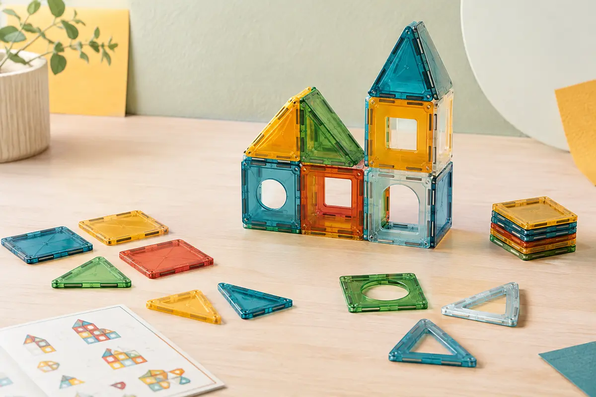 Pièces géométriques magnétiques colorées assemblées en construction 3D sur une surface en bois clair.