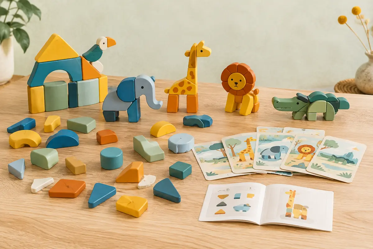 Blocs magnétiques colorés assemblés en constructions, accompagnés d’animaux, de cartes et d’un livret
