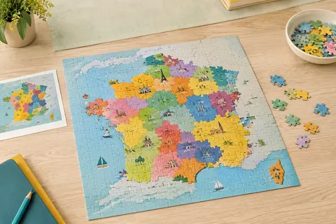 Puzzle Educa assemblé en carte de France multicolore, avec quelques pièces posées sur une table en bois clair.