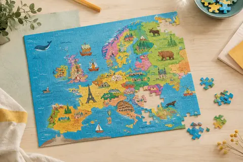 Puzzle en carton de 500 pièces représentant une carte humoristique et multicolore de l’Europe