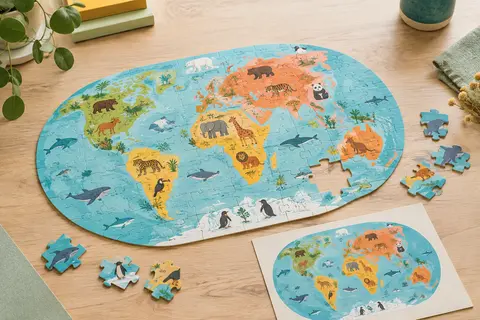 Puzzle Educa de 150 pièces représentant une mappemonde avec des animaux et une planche illustrée