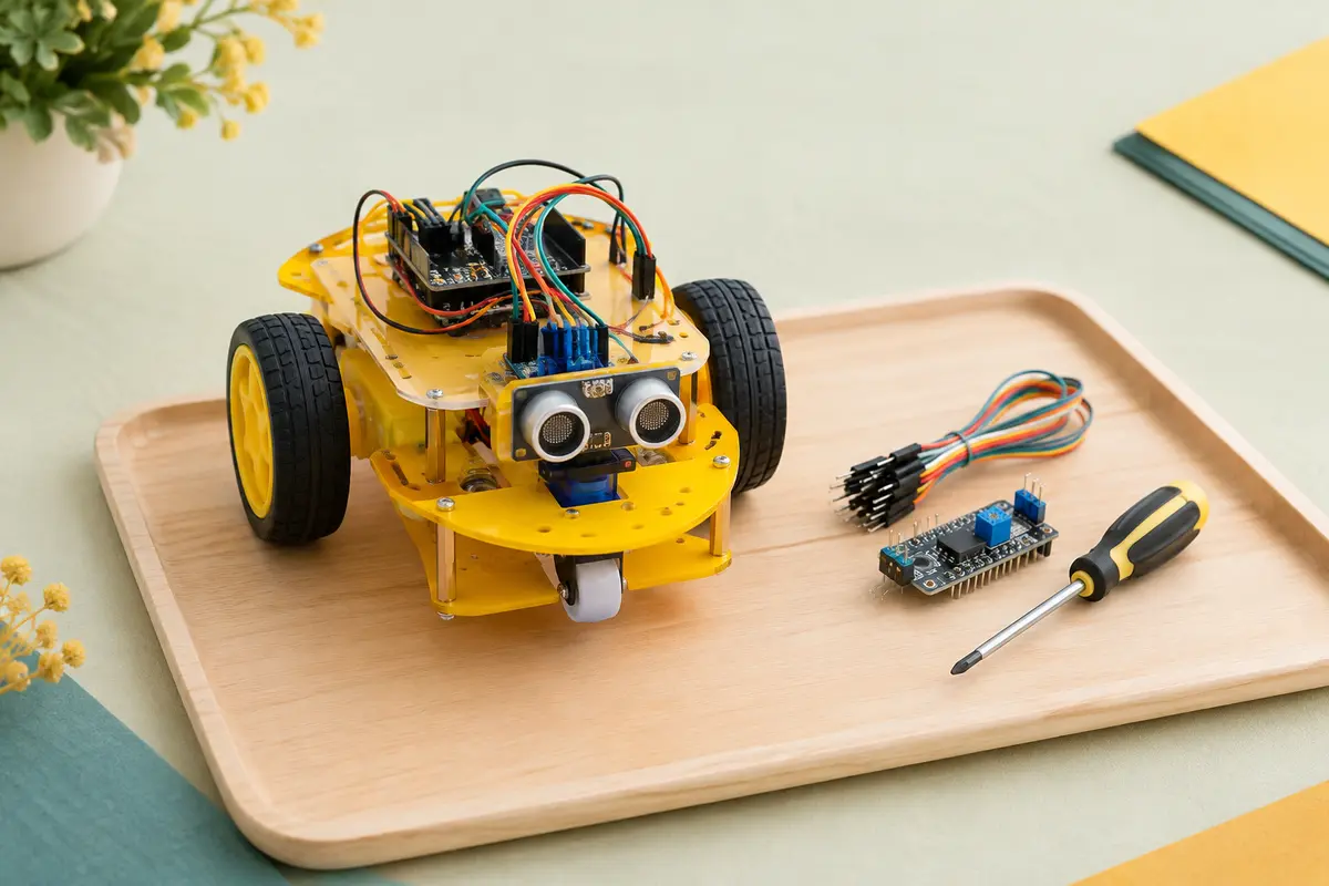 Voiture robot jaune assemblée avec carte électronique et pièces de montage sur une table en bois clair