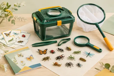 Kit d’exploration vert foncé avec boîte, loupe, pinces, filet à papillons et figurines d’insectes.