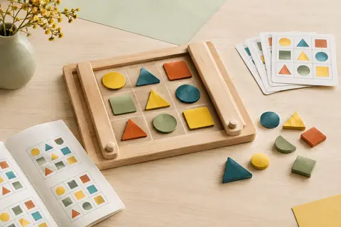 Plateau de logique en bois avec pièces géométriques multicolores, réglettes, cartes et planches d’exemples.