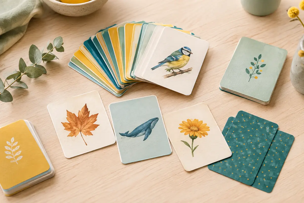 Cartes multicolores de jeu de vocabulaire disposées sur du bois clair, dans un décor crème et vert sauge.