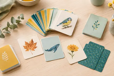 Cartes multicolores de jeu de vocabulaire disposées sur du bois clair, dans un décor crème et vert sauge.